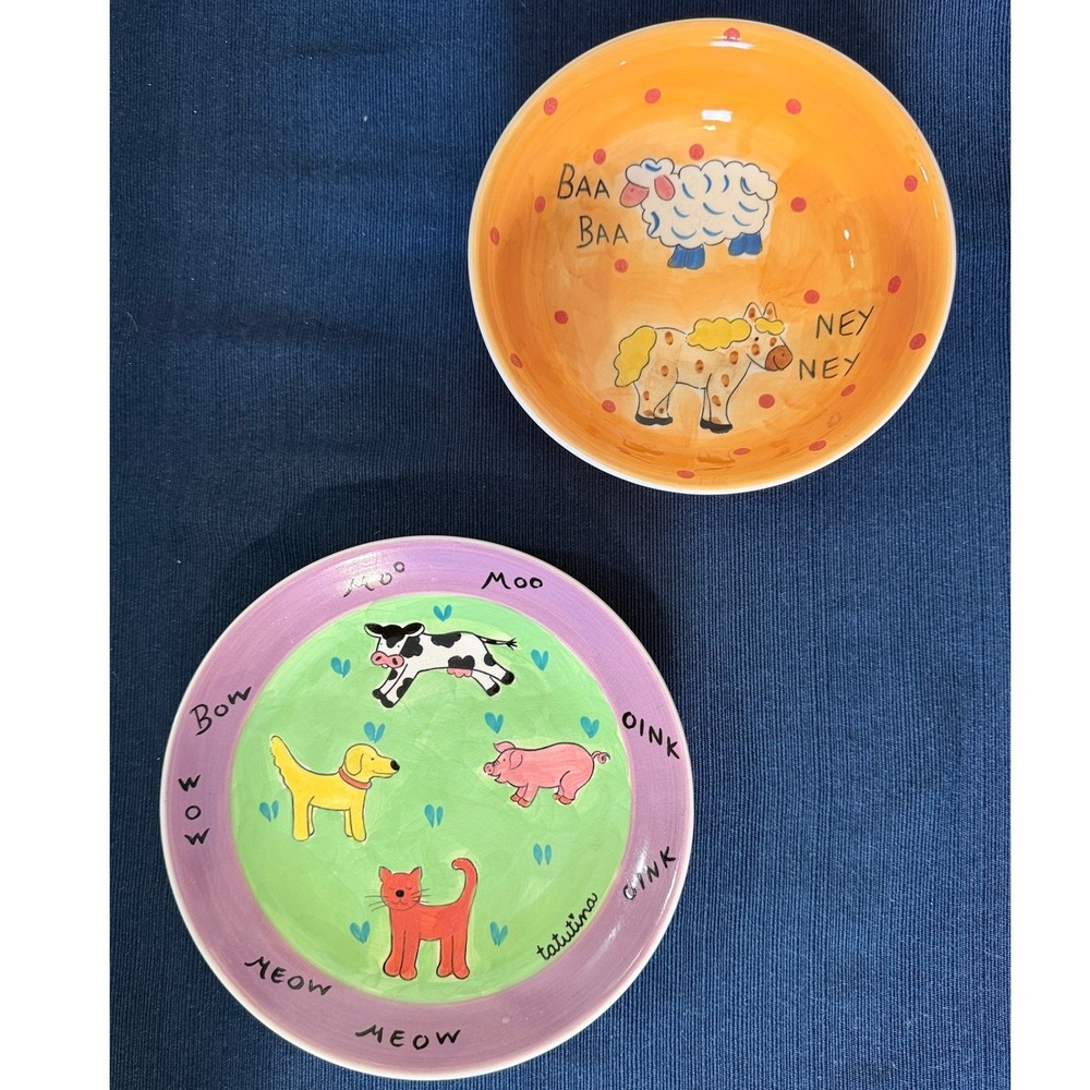 Tatutina Kids Bowl Plate Set Hand Painted Farm Animals Thailand Whimsical Art